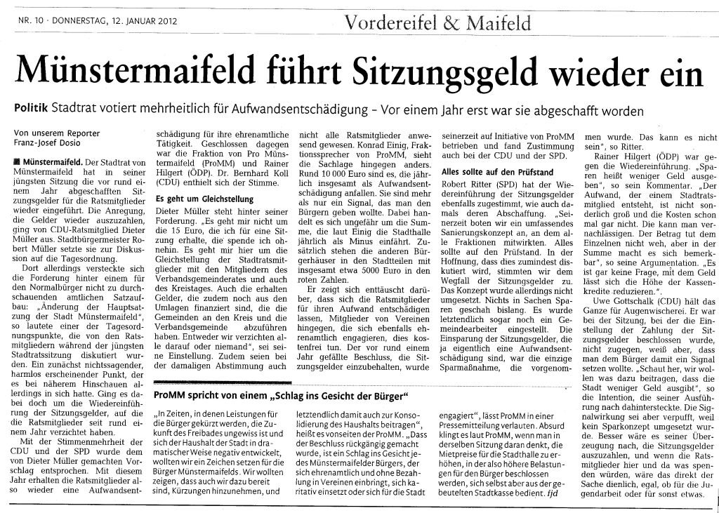 Zeitungsartikel RZ vom 12.01.2012 zum Thema Sitzungsgeld Stadt Münstermaifeld